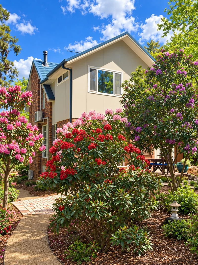 Rear view of Portree Cottage, framed by flowering rhododendrons